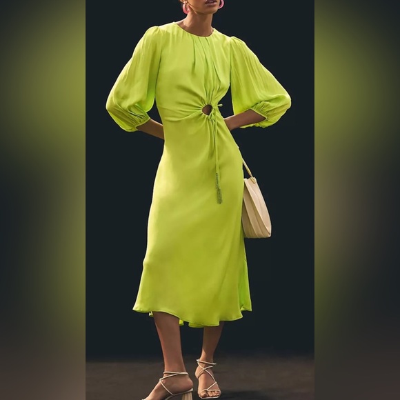 New Farm Rio LIME GREEN CUTOUT TIE RUCHED MIDI DRESS Size L - Picture 2 of 12